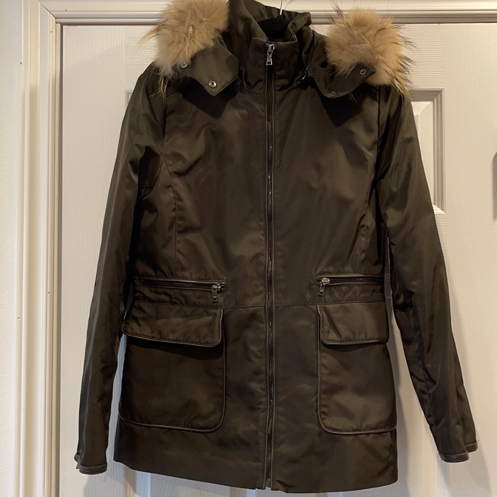 CHIC RACOON FUR HOODED olive brown jacket size M